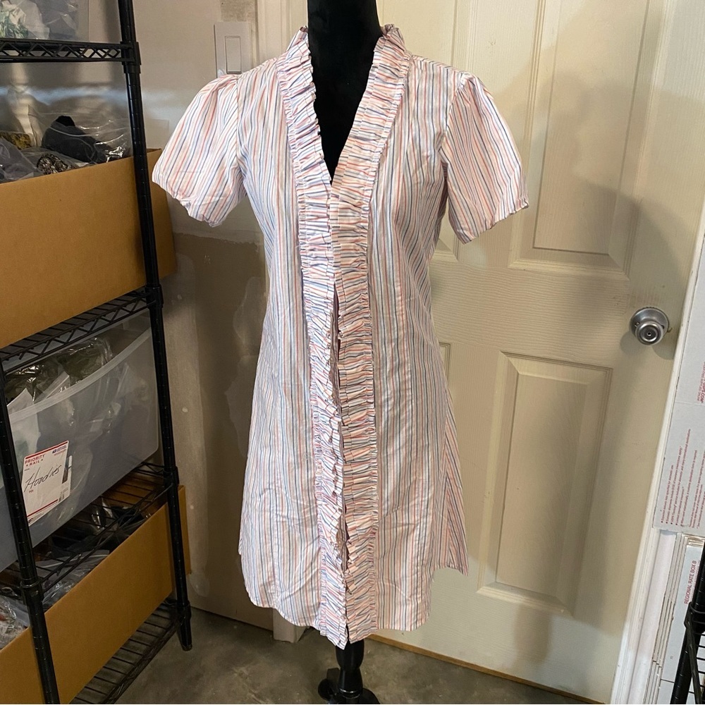 Bell Dress Button Down Ruched Shirt Dress Striped Pink Ruffled short Puff sleeve